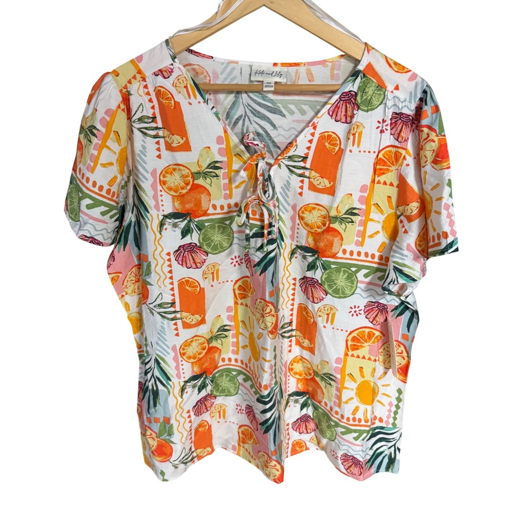 Kate and Lily Tropical Citrus Print Tie Neck Top Womens 3X Orange Lime Summer